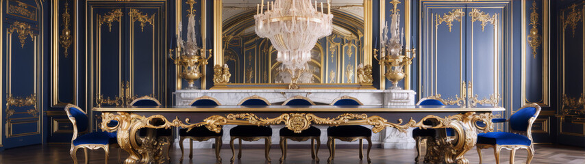 Blue and gold luxury rococo style dinning room with crystal chandelier - obrazy, fototapety, plakaty