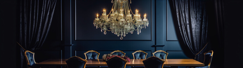 Dark blue elegant dinning room with crystal chandelier - obrazy, fototapety, plakaty