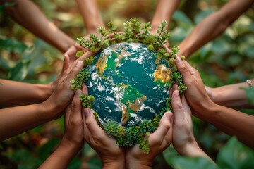 Community hands coming together to form a living globe vibrant and thriving showcasing unity in eco action - obrazy, fototapety, plakaty