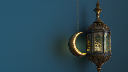 Naklejka premium 3d ramadan lantern with crescent moon on a blue background. ramadan kareem holiday celebration concept