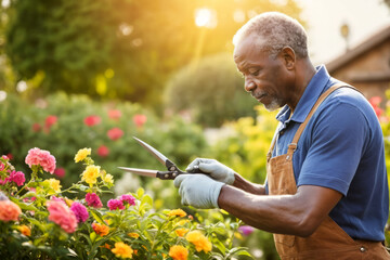 Portrait of elderly African gardener pruning plants, working in beautiful garden with colorful blooming flowers on spring day, sunlight coming through at sunset, copy space for text