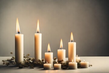 Fototapeta na wymiar Minimalist Sympathy Condolences Grief card. Three burning candles on a muted background. Copy space