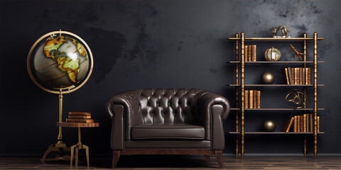 3d rendering of a vintage library with a globe, leather armchair and bookshelf