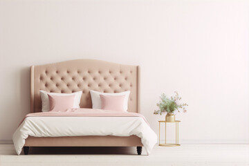 Pink tufted headboard bed with white and pink bedding and a golden vase with flowers on a white background