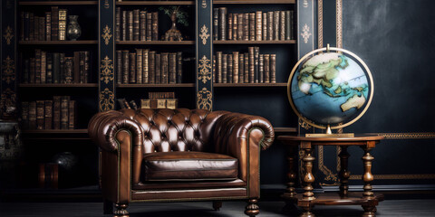 A leather chair and a vintage globe in a library with dark wood bookshelves. - obrazy, fototapety, plakaty