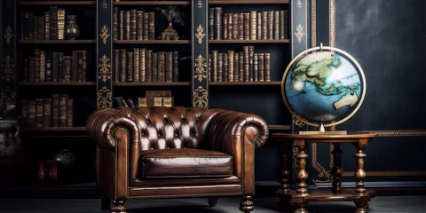 Fotobehang A leather chair and a vintage globe in a library with dark wood bookshelves. © sakina