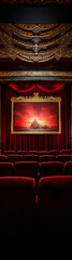 Red velvet theater seats with a stage and ornate gold frame with painting of a castle