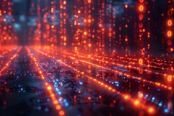 Quantum computing processors powering a future innovation center visualized with glowing binary sequences