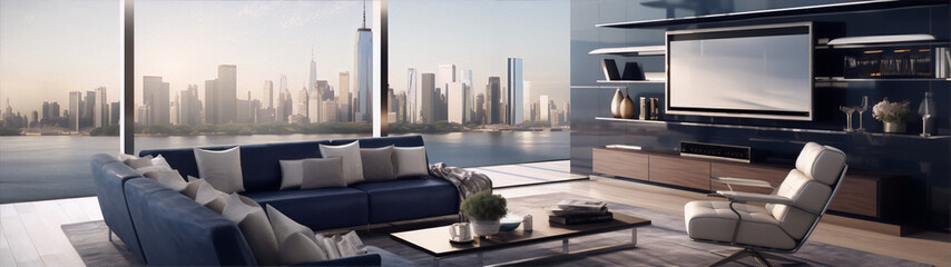 Cityscape living room interior design with modern furniture and large windows
