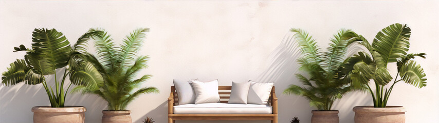 Tropical plants in pots and a wooden bench against a beige wall background in 3D illustration