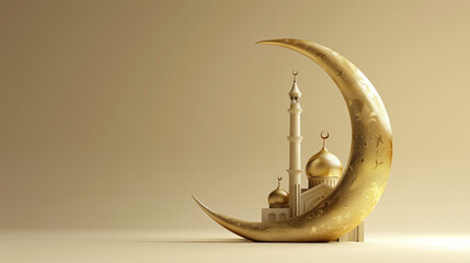 3d golden crescent in an oval shape with small mosque. ramadan kareem holiday celebration concept