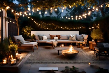 A small, elegant patio with a minimal seating arrangement, a small fire pit, and string lights for ambiance - obrazy, fototapety, plakaty