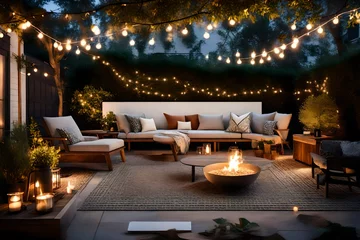  A small, elegant patio with a minimal seating arrangement, a small fire pit, and string lights for ambiance © Erum