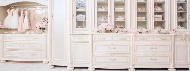 White vintage furniture with pink flowers in the interior of the dressing room in the Baroque style