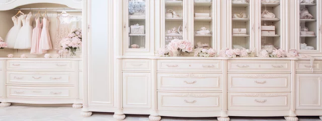 Fotobehang White vintage furniture with pink flowers in the interior of the dressing room in the Baroque style © sakina