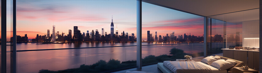 Cityscape, dusk, bedroom interior, Manhattan skyline, river view, luxury real estate, 3d render - obrazy, fototapety, plakaty
