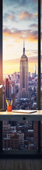 Fototapeta na wymiar Cityscape of New York City with the Empire State Building in the center, seen from an office desk with a lamp and a notebook.