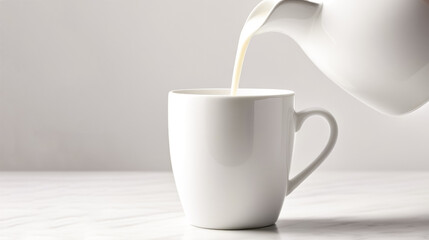 Fresh milk is poured into a cup from a jug on a gray background.
