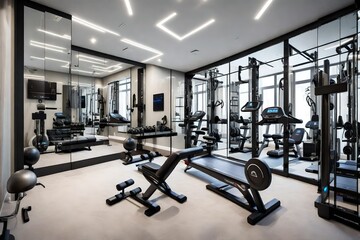 High-tech home gym with state-of-the-art equipment, mirrored walls, and motivational wall decals - obrazy, fototapety, plakaty