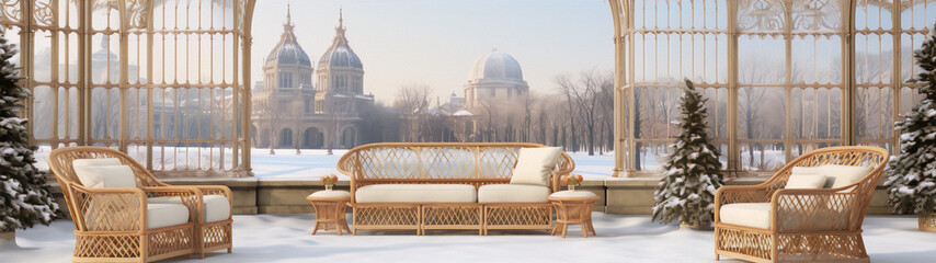 3d rendering of a conservatory with wicker furniture and a view of a snowy cityscape - obrazy, fototapety, plakaty