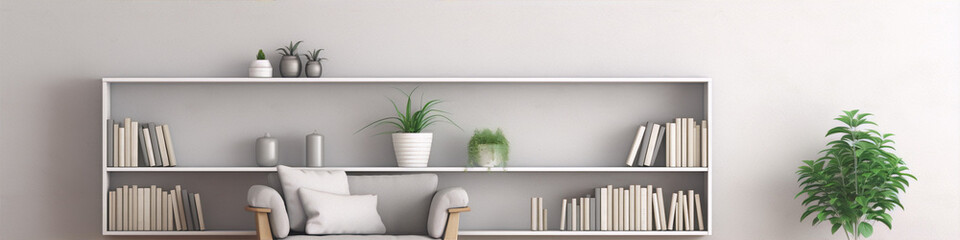 3d rendering, interior design, living room, furniture, books, plants, white, gray, green