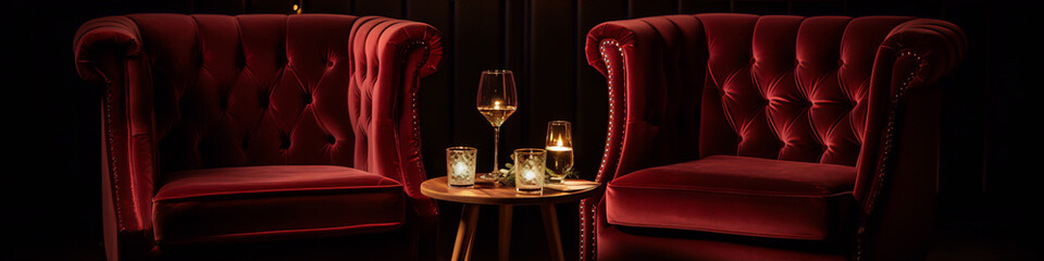 Two red velvet armchairs with a table between them with two glasses of champagne and two candles on it in a dark room.
