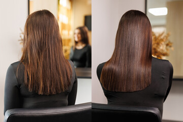 Before and after the straightening procedure with keratin, botox or brazilian special procedure for...