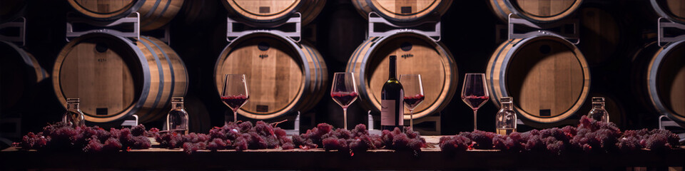 Red wine in a glass and grapes on a wooden table in a wine cellar with oak barrels in the background