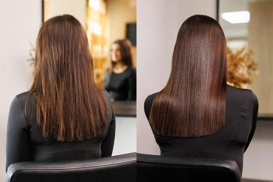 Before and after the straightening procedure with keratin, botox or brazilian special procedure for brown hair.