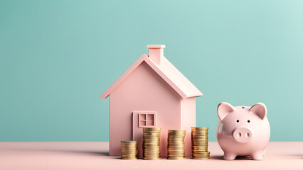 Clean Pastel Background with Isolated 3D Piggy Bank, House, and Coins. Simplified Concept of Saving Money for Financial Plan, Property Investment, Home Loan Banner.