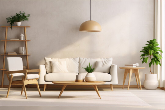 Minimalist living room interior with white sofa, wooden furniture and green plants in pots.