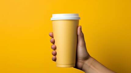 Person holds a cardboard cup of a hot drink, such as coffee or tea, a container that can be recycled - obrazy, fototapety, plakaty