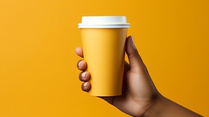Person holds a cardboard cup of a hot drink, such as coffee or tea, a container that can be recycled - obrazy, fototapety, plakaty
