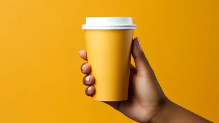 Foto op Plexiglas Person holds a cardboard cup of a hot drink, such as coffee or tea, a container that can be recycled © Peludis