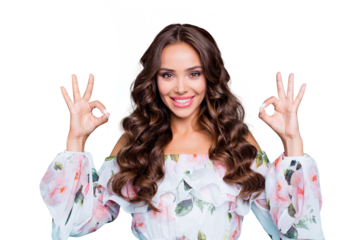 Close up portrait of sweet, gorgeous, stunning, adorable, good-looking princess with big smile make ok sign on both hands isolated on shine teal background