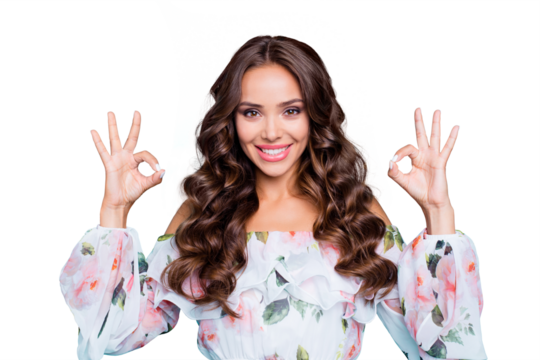 Close up portrait of sweet, gorgeous, stunning, adorable, good-looking princess with big smile make ok sign on both hands isolated on shine teal background