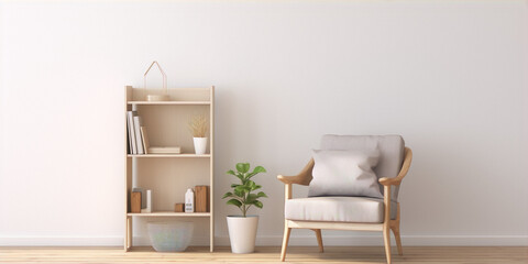 3D rendering of a cozy living room with a wooden bookshelf, a comfortable armchair, and a potted plant in a white pot.