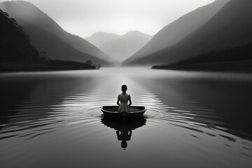 Travel, states of mind, psychology concept. Aerial view of person in tiny boat and floating in water. Minimalist and surreal style. Black and white image