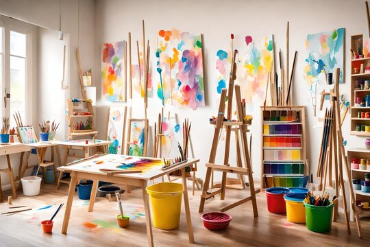 An art studio corner in a playroom with easels, paints, and brushes