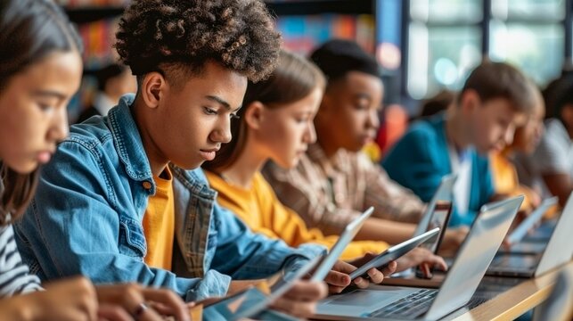 Grupo de j&oacute;venes estudiantes enfocados en sus tabletas y port&aacute;tiles en un entorno educativo moderno