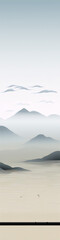 Foggy mountain landscape in a minimalist style with muted colors.