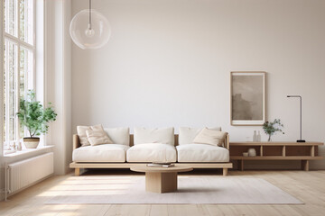 Bright airy living room interior with white walls, plants, and wooden furniture in scandinavian style