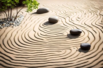 Fototapeta na wymiar A minimalist Zen garden with raked sand, rocks, and a small water feature