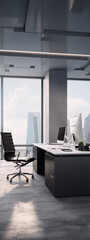 Modern office interior with black and white furniture, depicting success and professionalism. 

