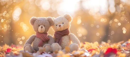 Two teddy bears peacefully seated in a field covered in fallen autumn leaves.