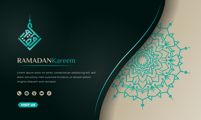 Green Islamic background with simple mandala design in tan background for ramadan kareem. Islamic background in green and tan design. arabic text mean is ramadan kareem.