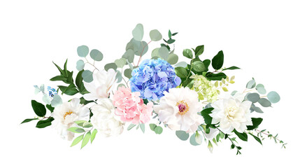 Blue, pink, green hydrangea flowers, white peony, salal, emerald greenery and eucalyptus wedding vector bouquet © lavendertime