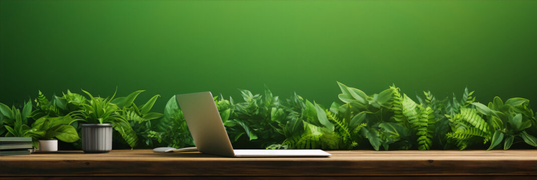 Green plants and a laptop on a wooden table against a green background.