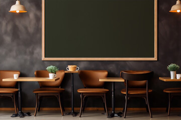 Retro Cafe Interior With Blank Blackboard Menu On Dark Wall
