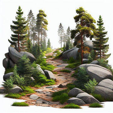 Forest landscape. Path between rocks and firtrees white background, Ai generated image